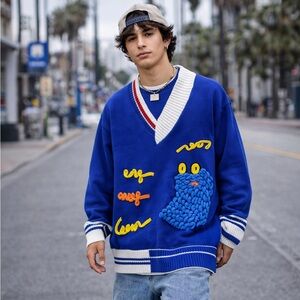Aelfric Eden Sweater Mens XXL Blue 3D Patch Streetwear Playful Preppy Oversized‎
